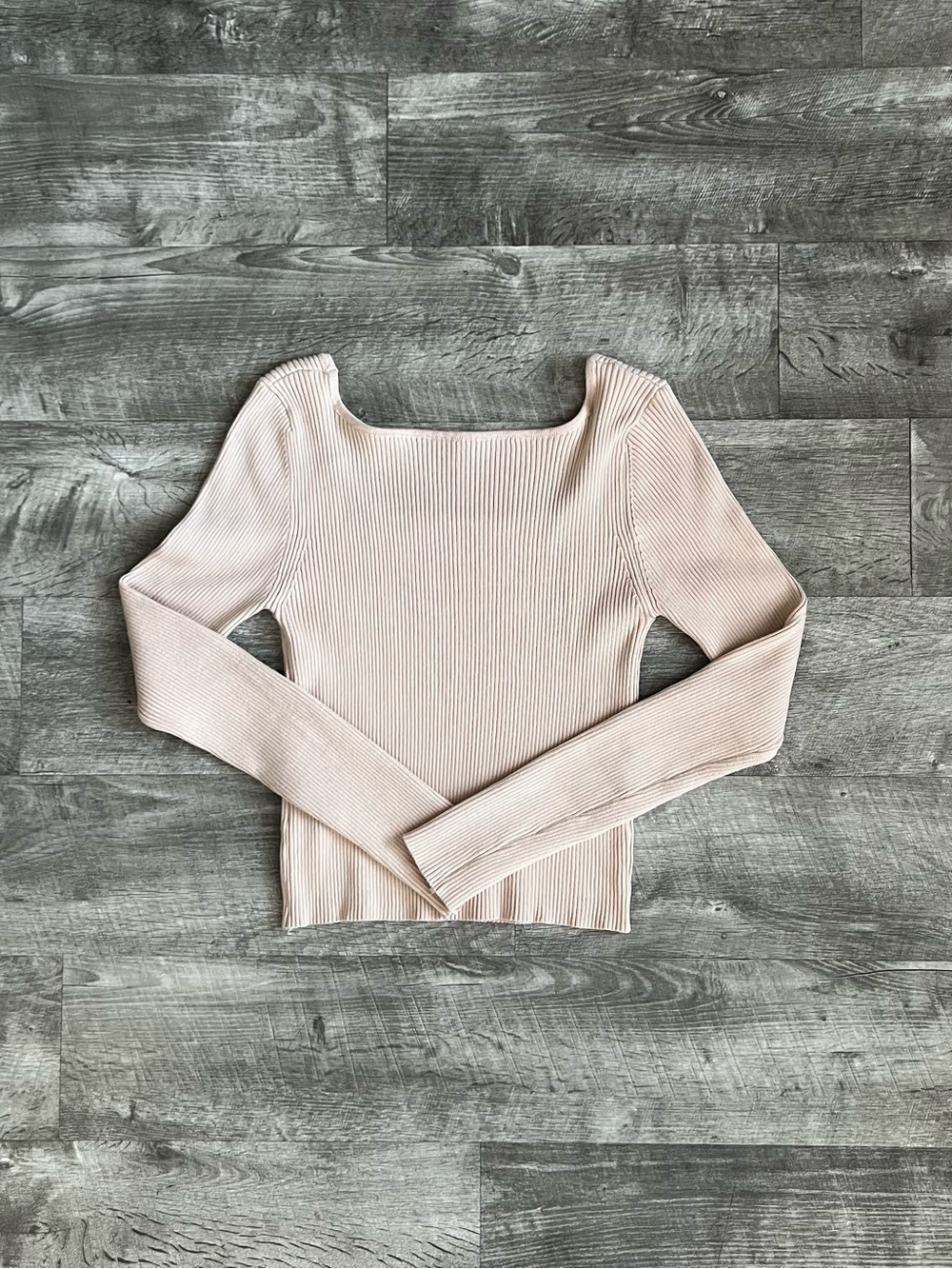 Ribbed Square-Neck Long Sleeve Shirt | Light Beige | Size S